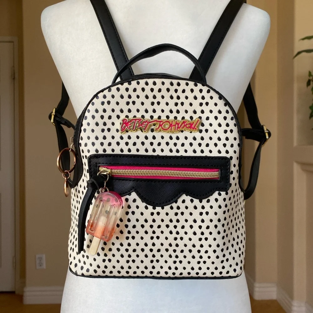Betsey Johnson Black and White Polka Dot Mini Backpack with Vibrant Accents